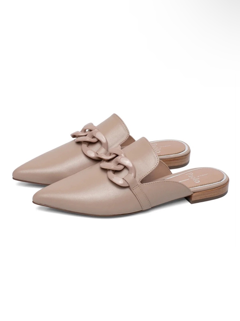 Linea Paolo adora Beige Pointed-Toe Chain-Trim Mule